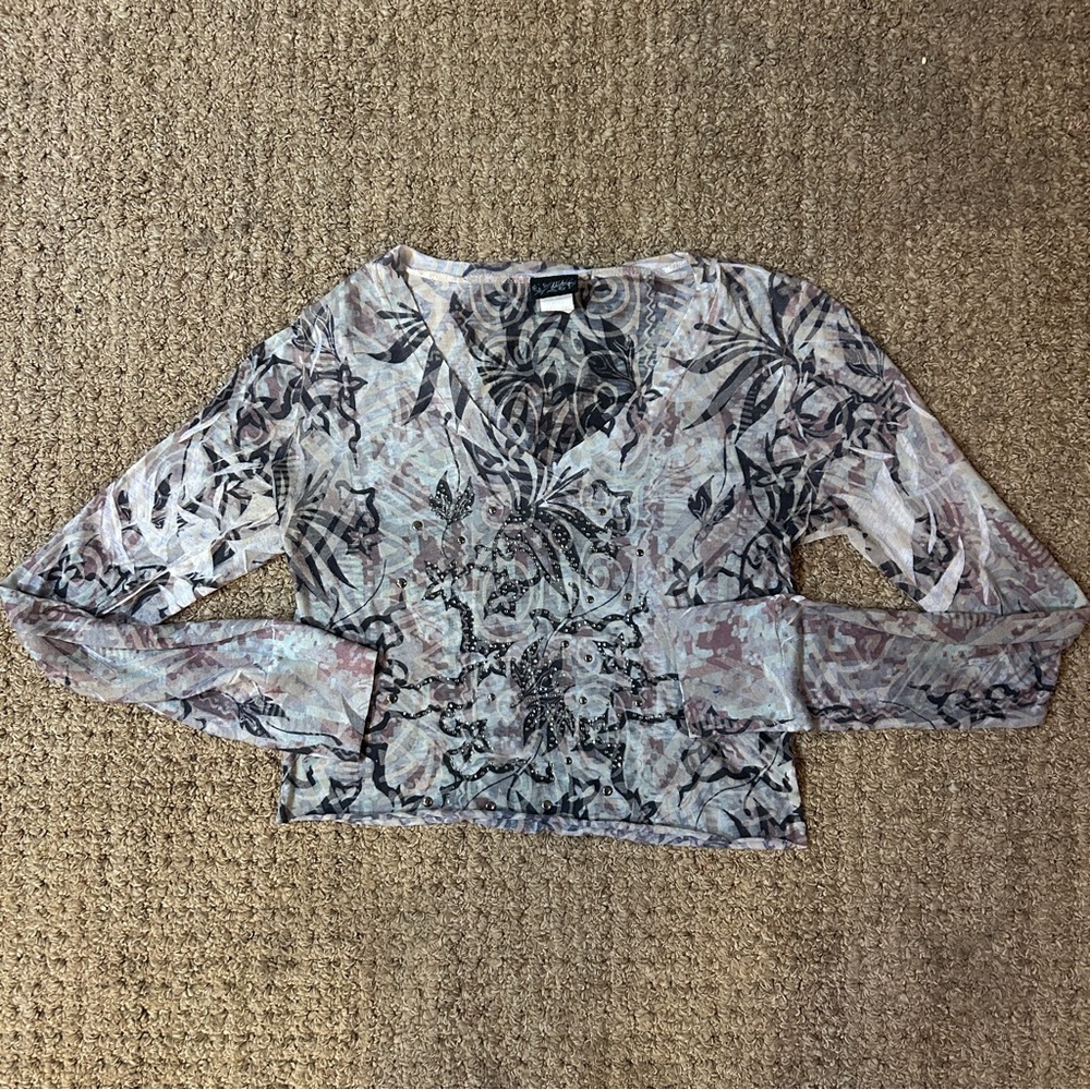 daytrip Womens Size L Green / Brown / Black Camo Sheer Long Sleeve Tee Studded